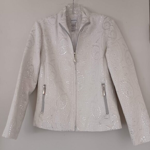 Chico’s Women’s 0 4/6 Metallic Paisley Brocade Moto Jacket Silver Ivory Pockets - Picture 1 of 8